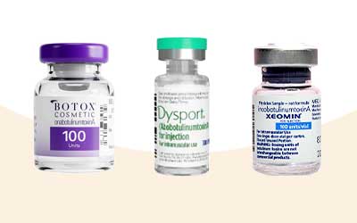 Bottles of Botox, Dysport and Xeomin side by side