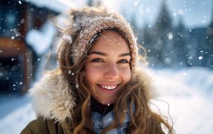 Pretty woman with healthy skin outdoors in the snow