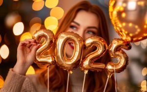 Portrait of a young woman with great skin holding 2025 new year gold foil balloon decoration