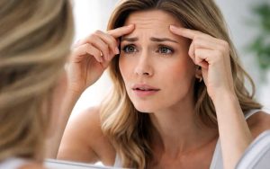 Concerned woman examining forehead wrinkles in mirror, touching her brow with both hands